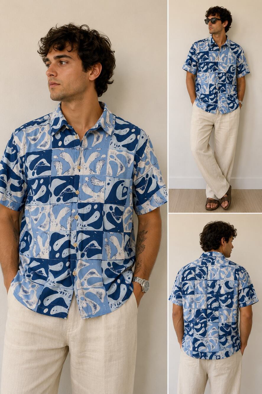Quiksilver Waterman Collection Hawaiian Camp Shirt Blue Abstract Button Up XL